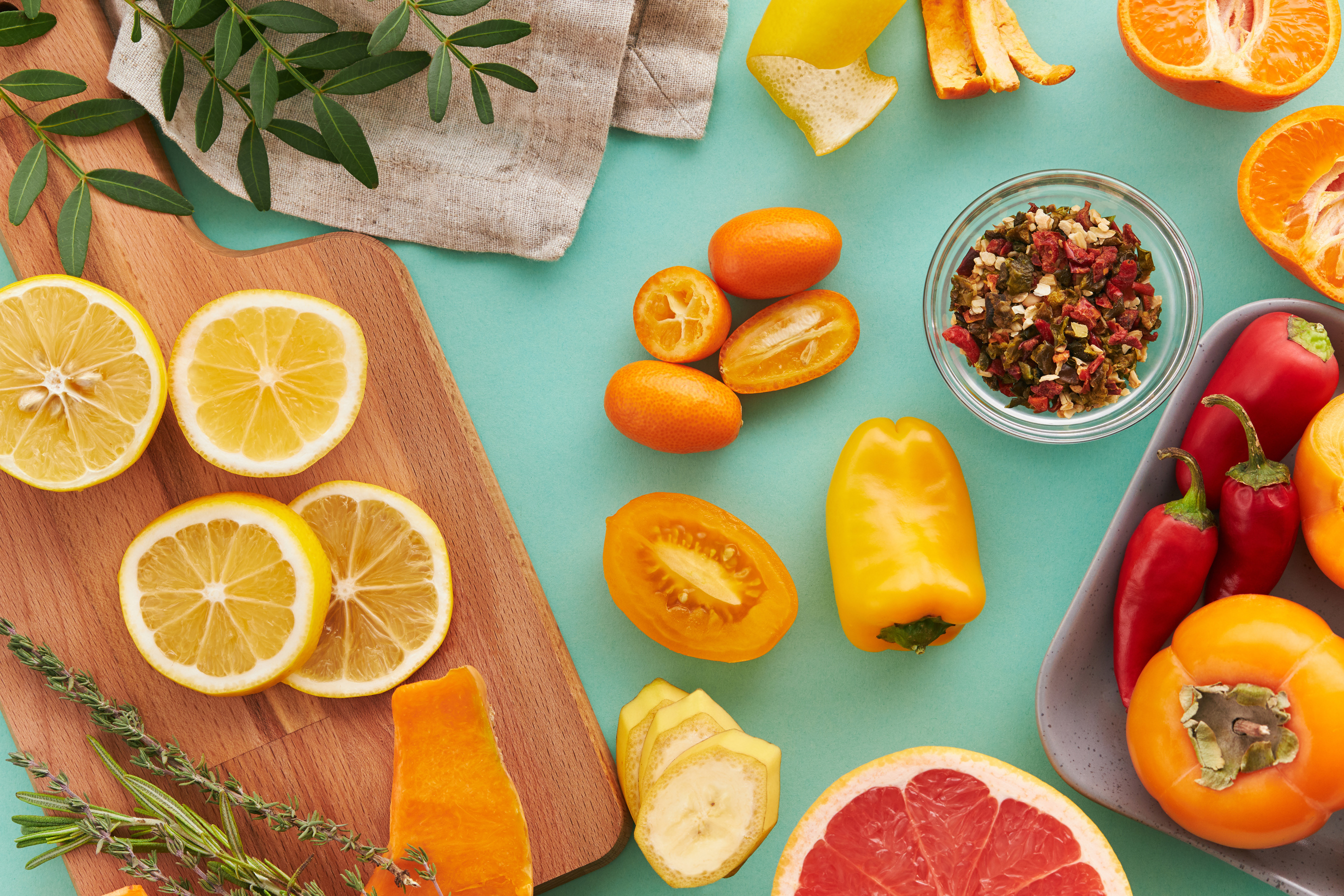 Sliced Vegetables and Fresh Fruits